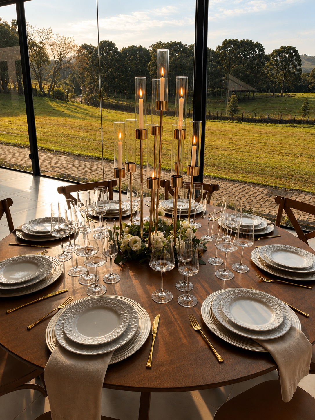 Mesa posta com candelabros dourados e paisagem natural