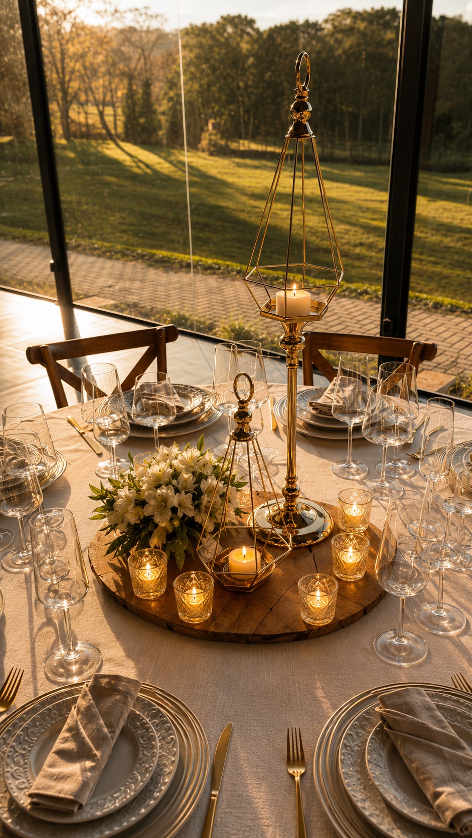 Detalhe de mesa posta com castiçais dourados e velas