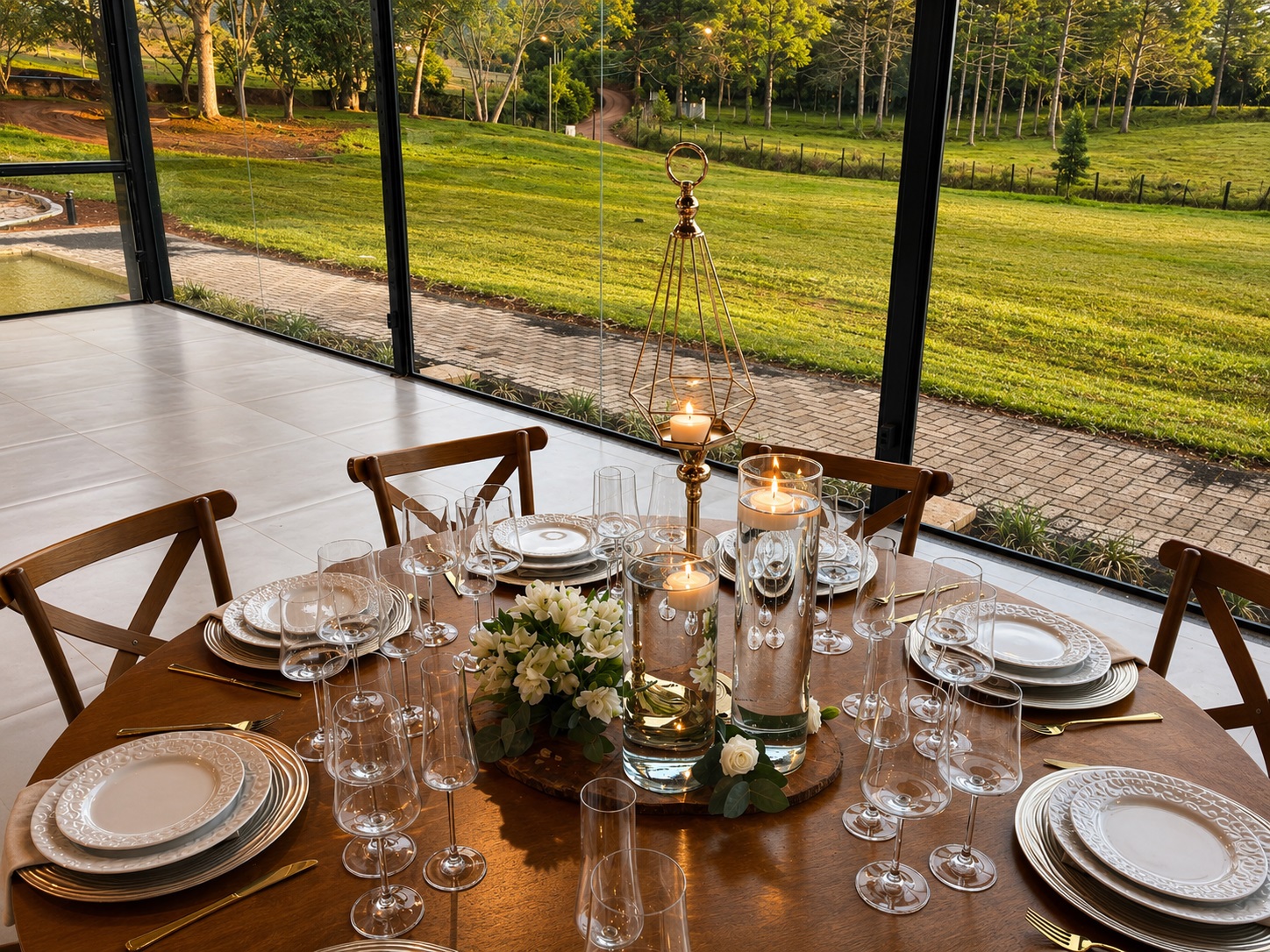 Mesa posta com vista para o gramado