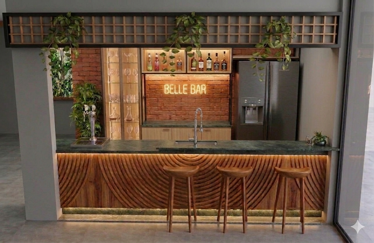 Belle Bar — bar interno com balcão de madeira e parede de tijolos
